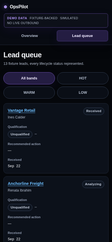 OpsPilot mobile lead queue at 390 pixels wide, showing identity, status, qualification, recommended action, and demo-data disclosure without page overflow.