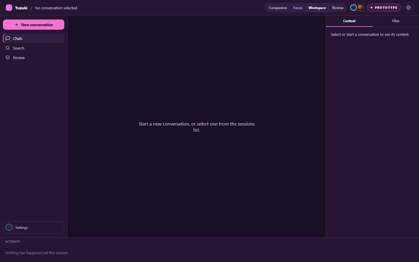 Yuzuki desktop application showing the session rail, an empty conversation pane, and the context panel.